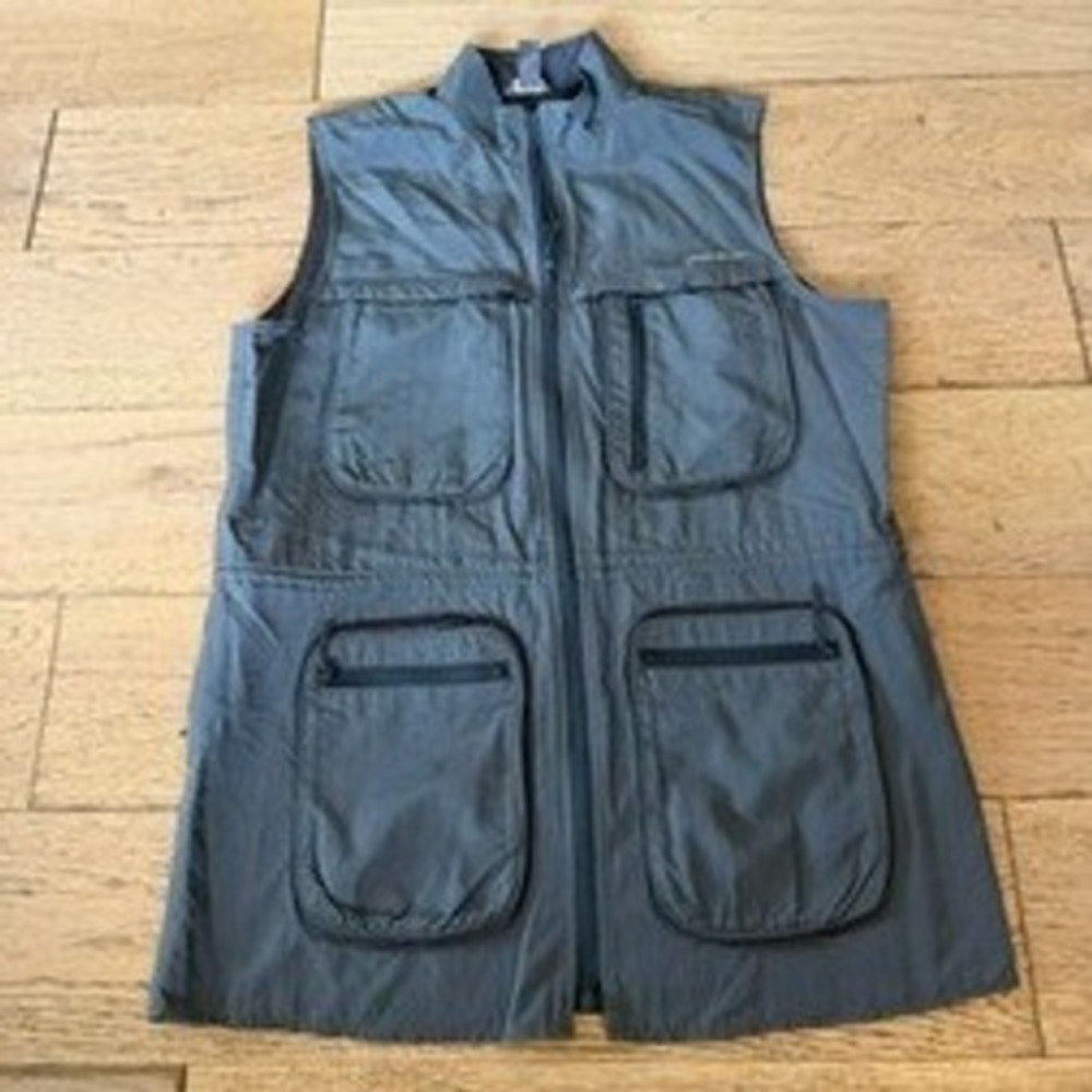 Eddie Bauer Utility Vest Womens‎ MEDIUM Gray Zip Up Multi Pocket Hiking (1685)